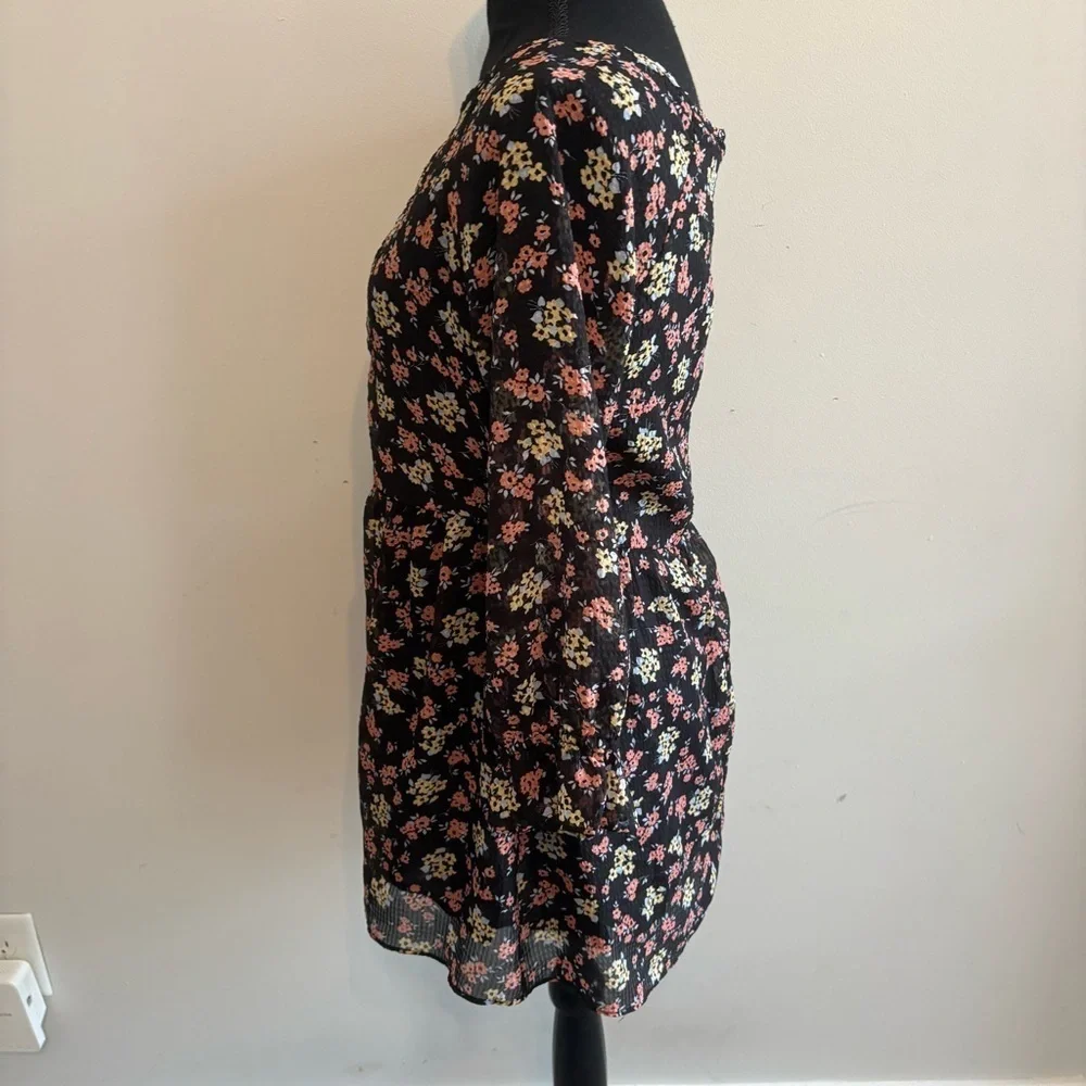 Free People Black Comb Ditsy Floral 3/4 Sleeve Ruched Babydoll Mini Dress Tunic